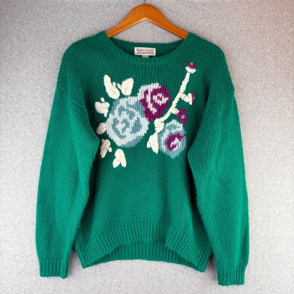 Karen Scott Mint Green Floral Grandma Cottage Long Sleeve Crewneck Sweater M - Picture 1 of 5